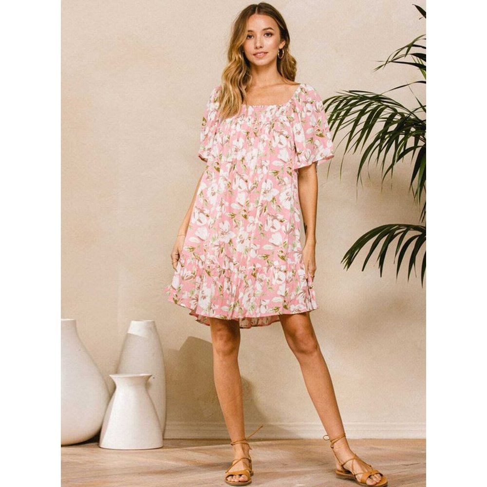 Ces Femme Women's Short Sleeve Tunic Smock Neck Bohemian Floral Dress Print New